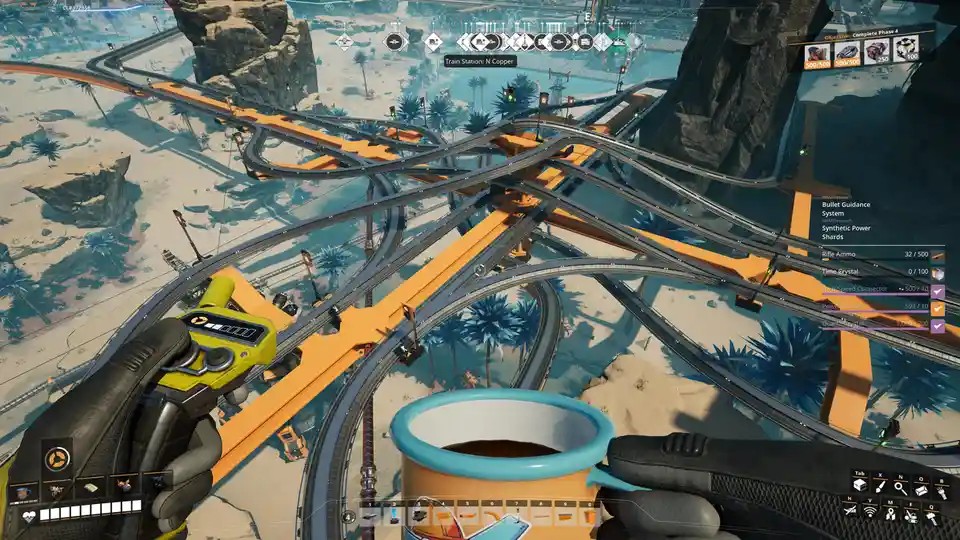 A first-person view from the game 'Starfield' shows a player holding a coffee mug in one hand and a tool in the other…