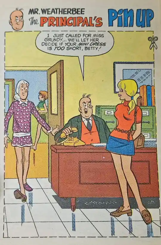 A vintage comic panel from 'Mr. Weatherbee The Principal's Pin Up' shows a principal on the phone, telling a student named…
