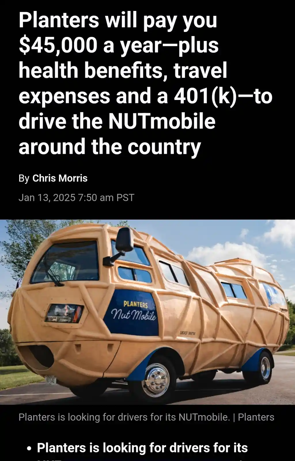 The image shows a tan, nut-shaped vehicle labeled 'Planters Nut Mobile' parked outdoors. Large white text overlaid on a…