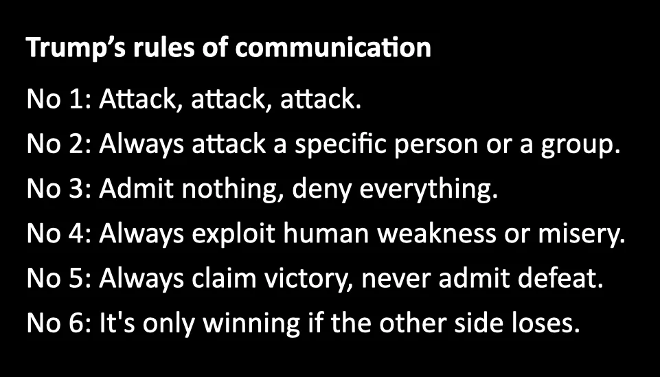 A black background with white text lists 'Trump's rules of communication' as six numbered points, including 'Attack, attack…