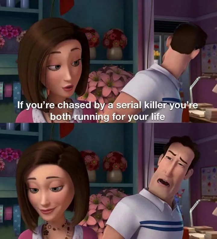 Two panels from an animated movie show a woman looking concerned as a man runs away from her, with text overlaying the top…