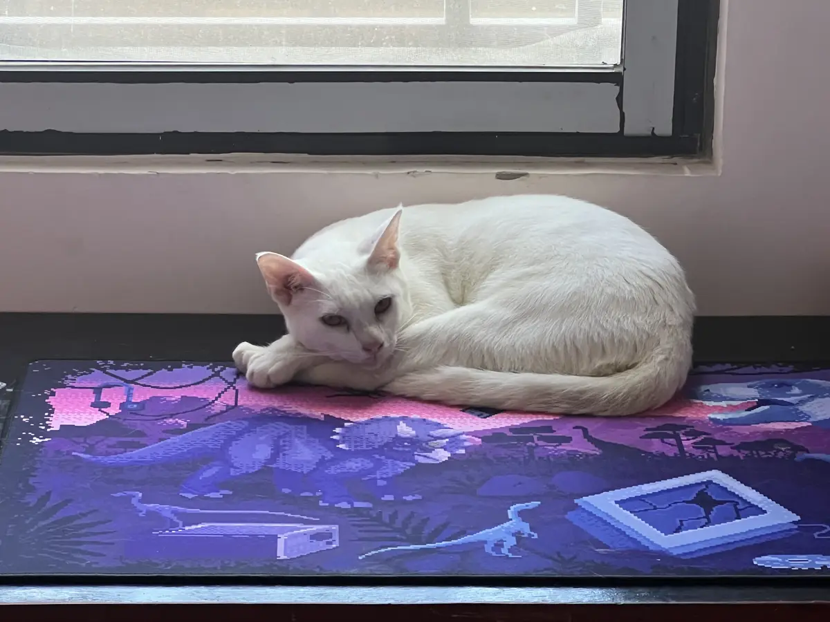 A white cat is curled up and resting on a colorful, pixel-art style rug featuring dinosaurs and landscapes, positioned…
