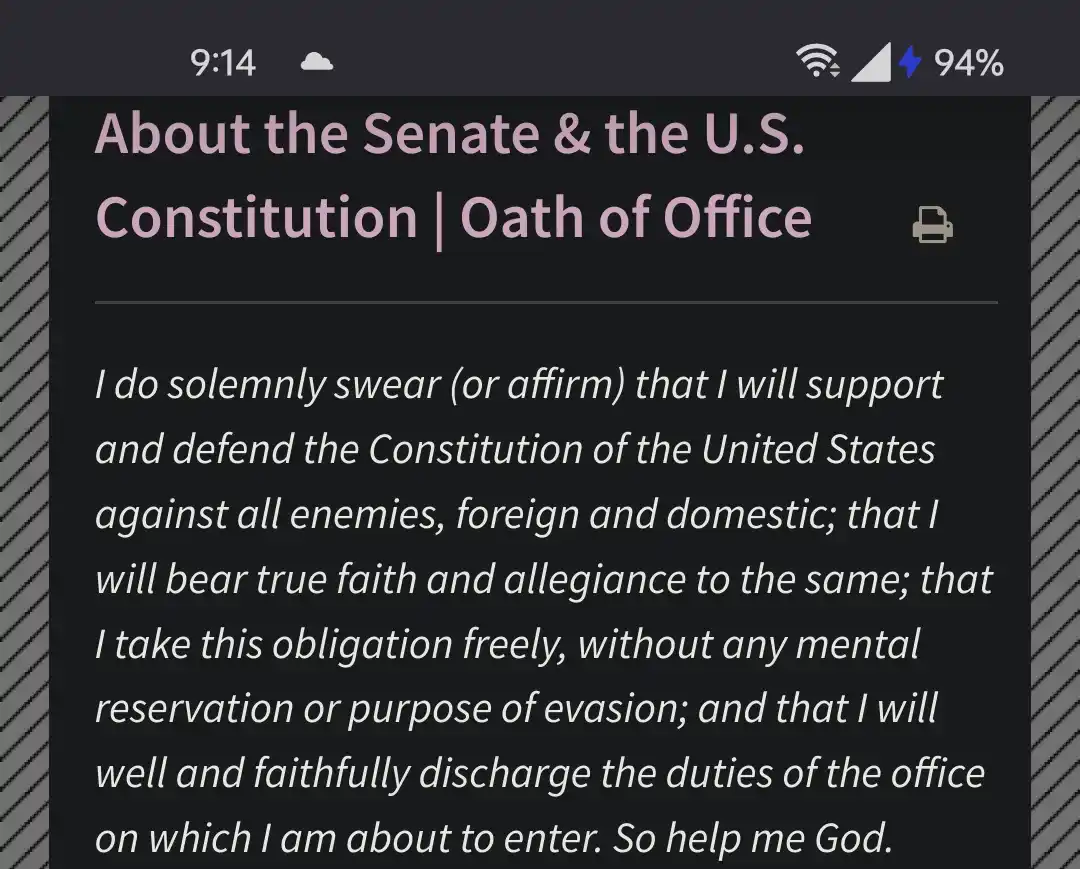 A screenshot of a dark-mode mobile device displaying the U.S. presidential oath of office text, with the title 'About the…