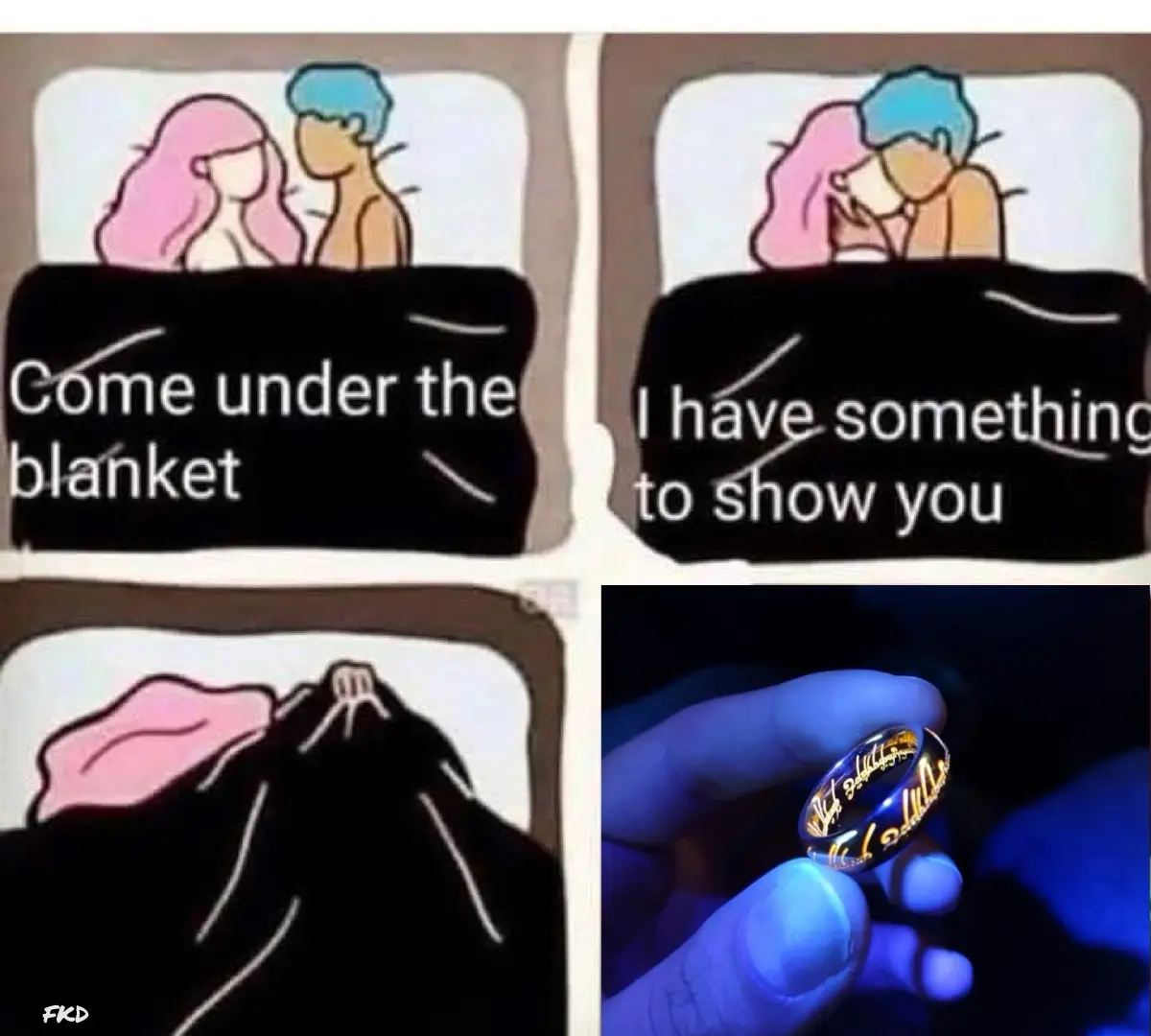 A four-panel comic strip shows a couple in bed, with text saying 'Come under the blanket' and 'I have something to show…