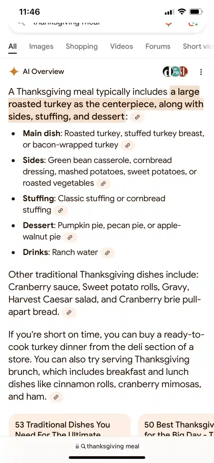 A screenshot of a Google search result for 'thanksgiving meal' shows an AI overview listing traditional dishes including…