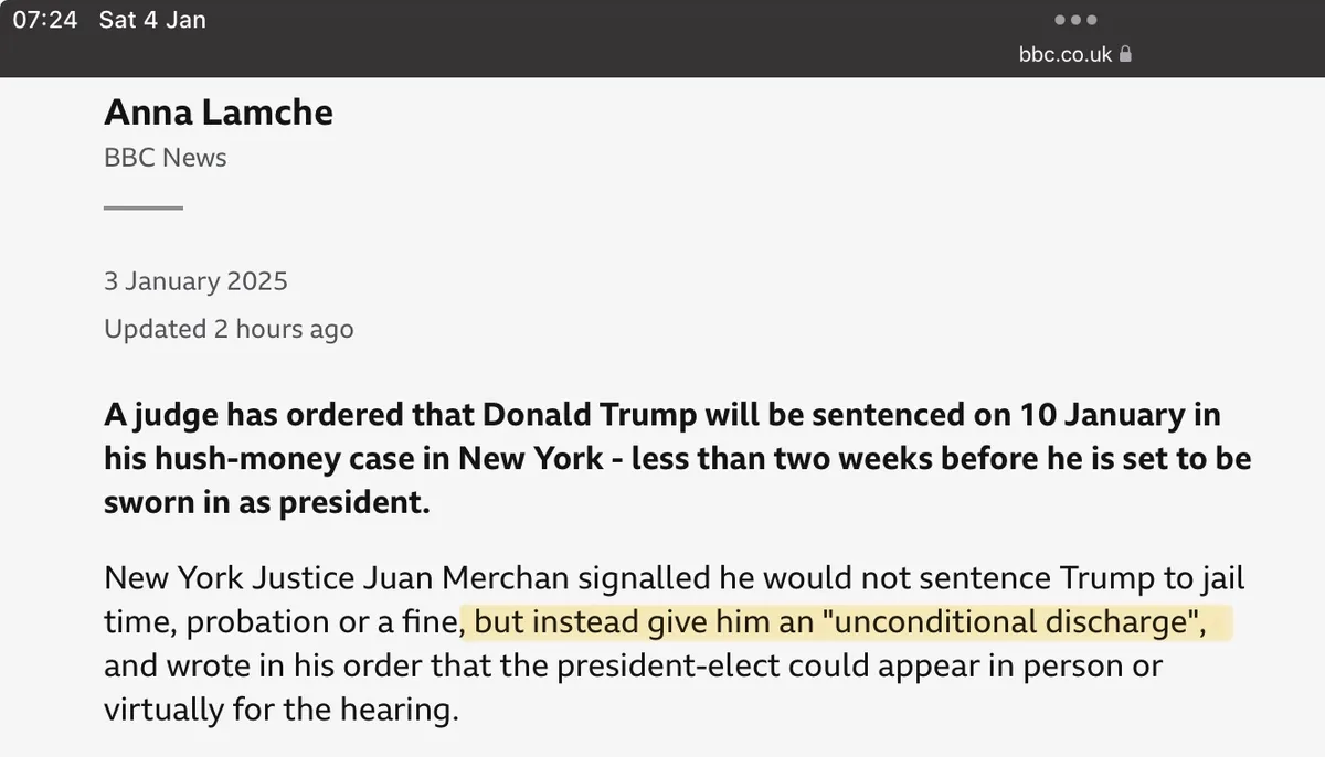 A screenshot of a BBC News article dated January 3, 2025, reporting that Donald Trump will be sentenced on January 10 for…
