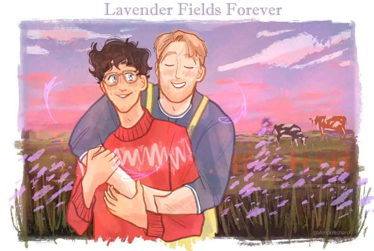 An illustration of two men embracing in a field of lavender under a pink and purple sunset, with cows grazing in the…