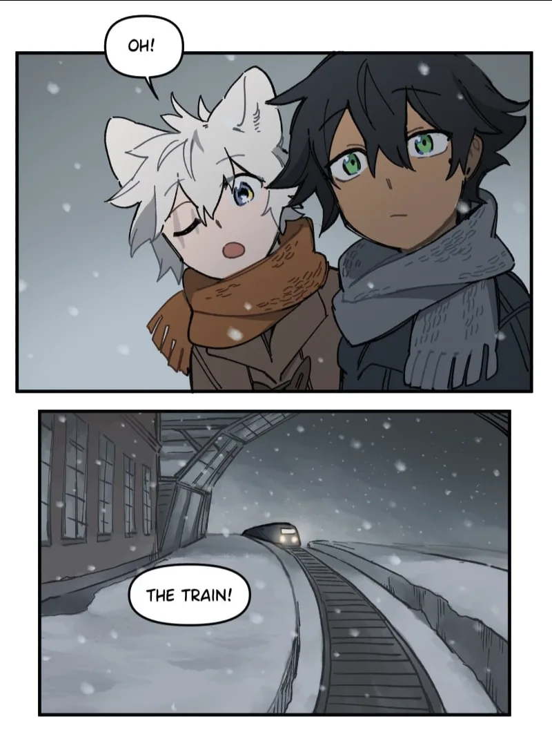 Two anime characters stand close together in a snowy scene; one with white hair and fox ears exclaims 'OH!' while the other…