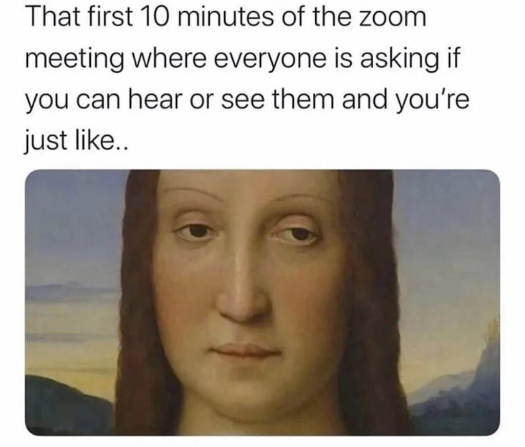 The image shows a close-up of a woman's face from a Renaissance painting, with a blank, unimpressed, and slightly bored…
