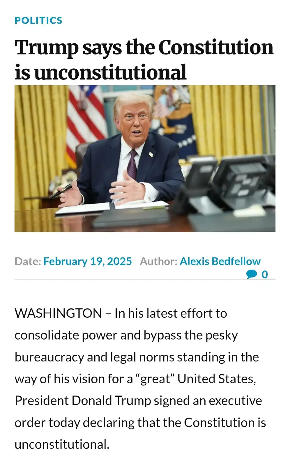 A satirical news article screenshot shows Donald Trump seated at a desk in an office with an American flag behind him…