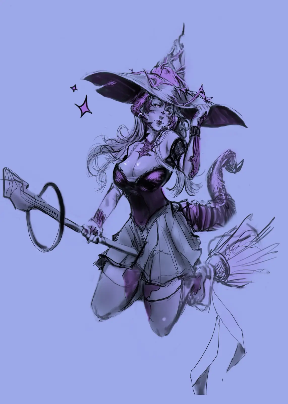 A stylized illustration of a female witch with long hair, wearing a pointed hat and a revealing outfit, holding a broomstick…