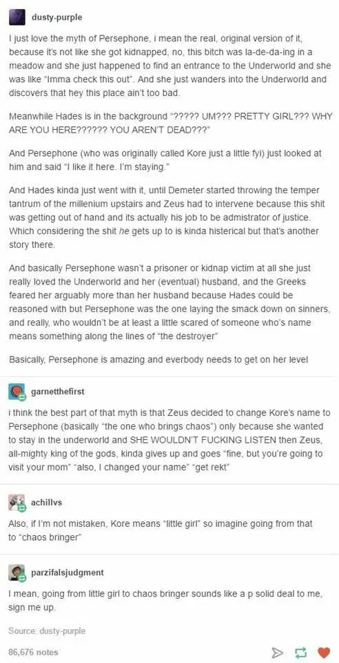 A screenshot of a Tumblr post where user 'dusty-purple' retells the myth of Persephone, highlighting how she chose to stay…