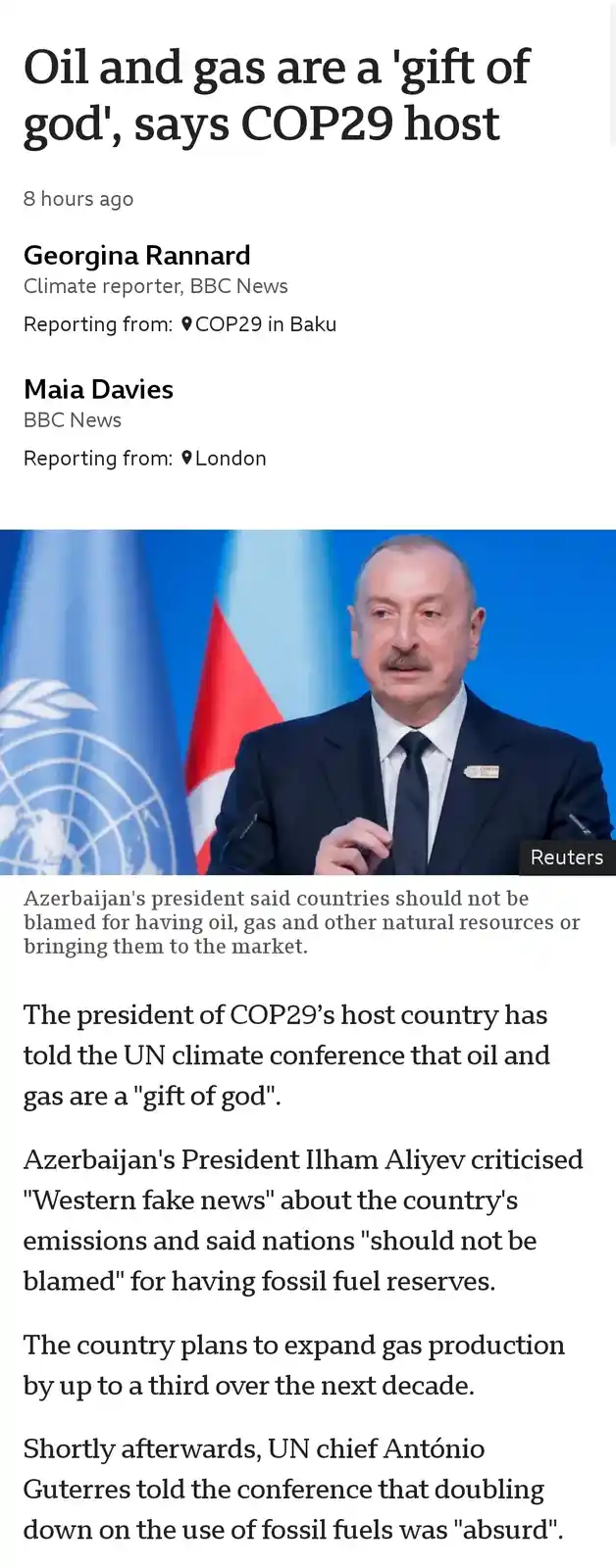 A screenshot of a BBC News article shows a photo of Ilham Aliyev, President of Azerbaijan, speaking at COP29. Behind him are…