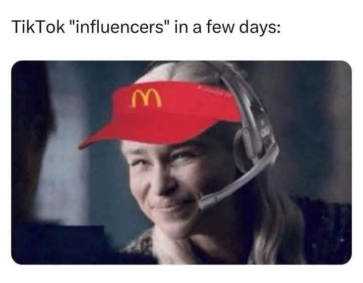 A woman with a headset smiles faintly while wearing a red McDonald's visor over her eyes. The text above reads 'TikTok…