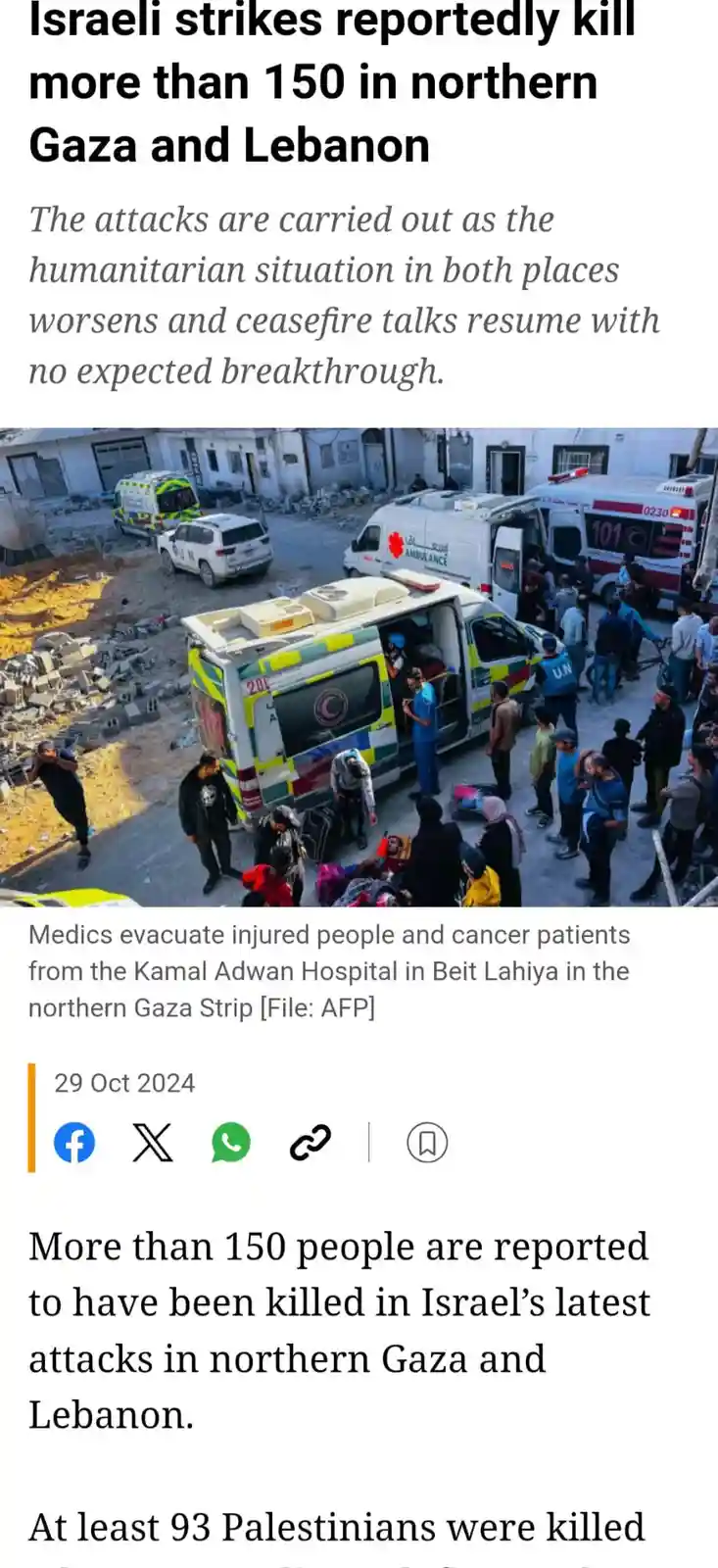 A news article screenshot shows a photo of ambulances and medical staff evacuating injured people from a rubble-strewn…