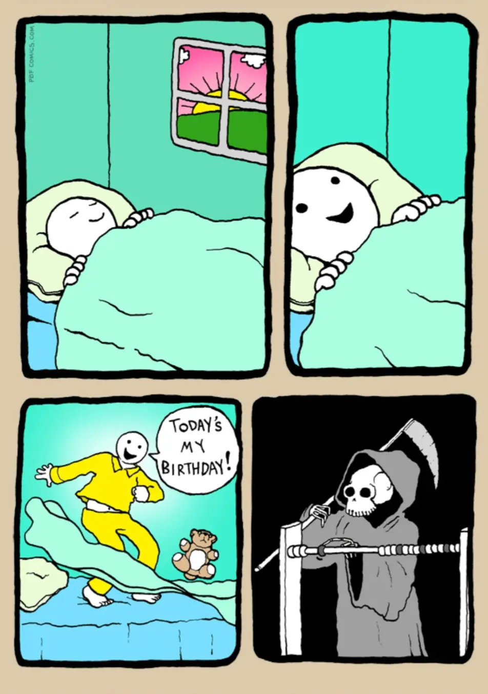 A four-panel comic shows a cheerful cartoon character waking up, excitedly declaring 'TODAY'S MY BIRTHDAY!' while jumping…