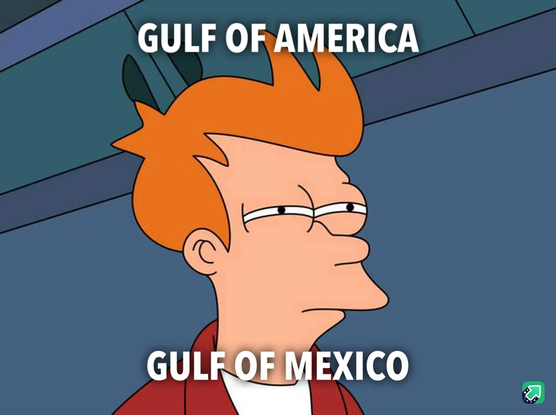 A cartoon character with orange hair and glasses, shown in profile, has the text 'GULF OF AMERICA' above his head and 'GULF…