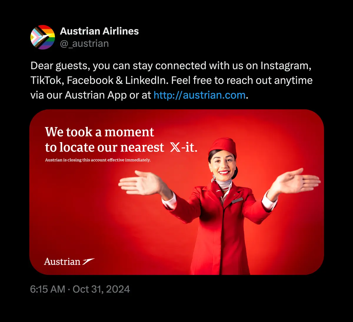 A screenshot of an Austrian Airlines tweet shows a flight attendant in a red uniform with arms outstretched against a red…