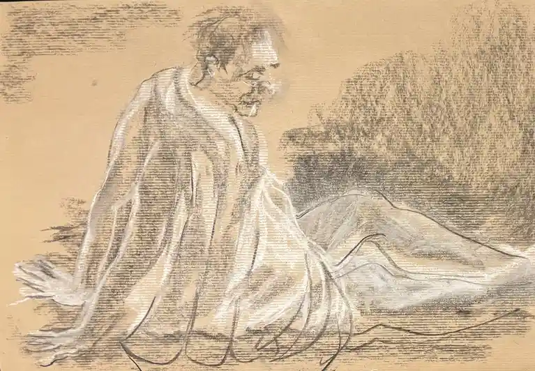 A sketch of a man sitting on the ground, looking down with a thoughtful or weary expression, overlaid with the text 'i'm not…