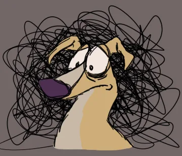 A cartoon dog with a confused expression, surrounded by chaotic black scribbles, visually representing mental overload or…