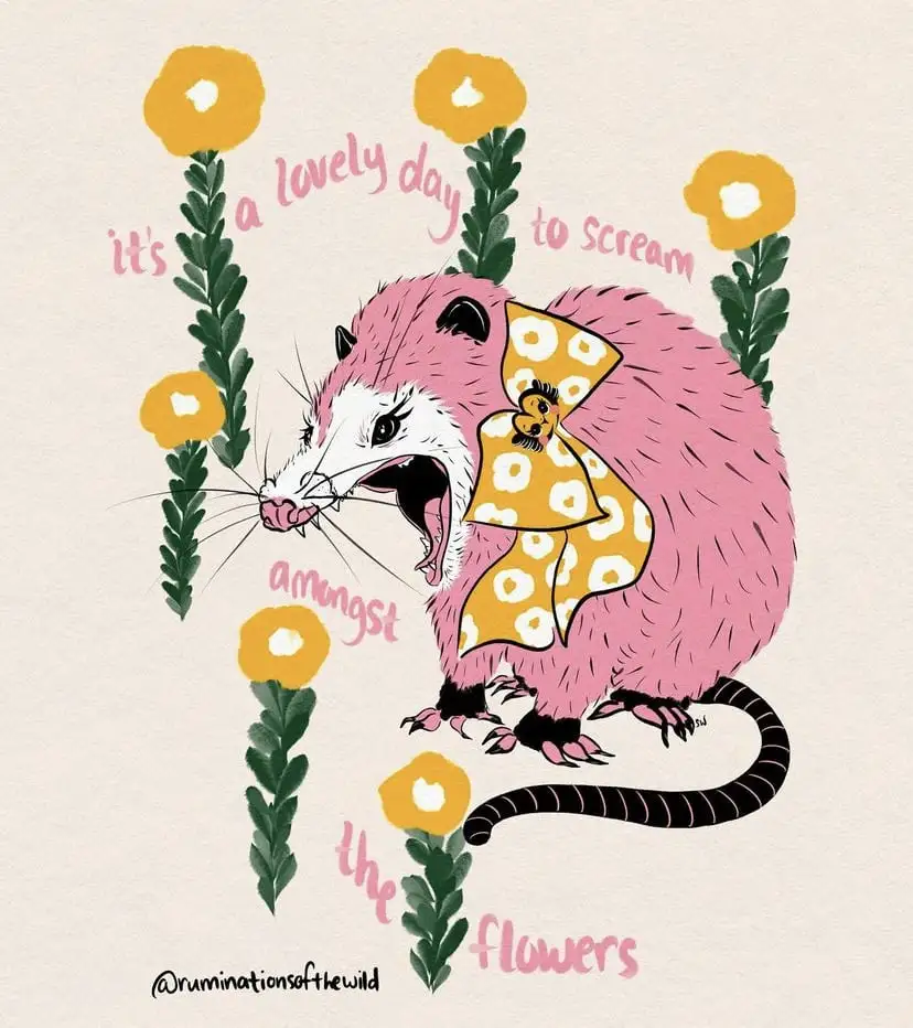 A stylized pink opossum with a yellow patterned bow around its neck is depicted screaming with its mouth wide open…