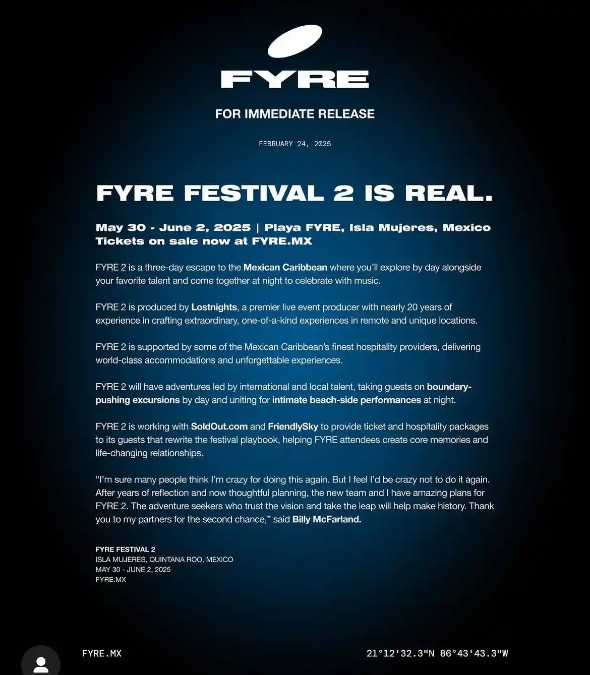 The image displays a fake press release for 'FYRE Festival 2' dated February 24, 2025, announcing the event's return from…
