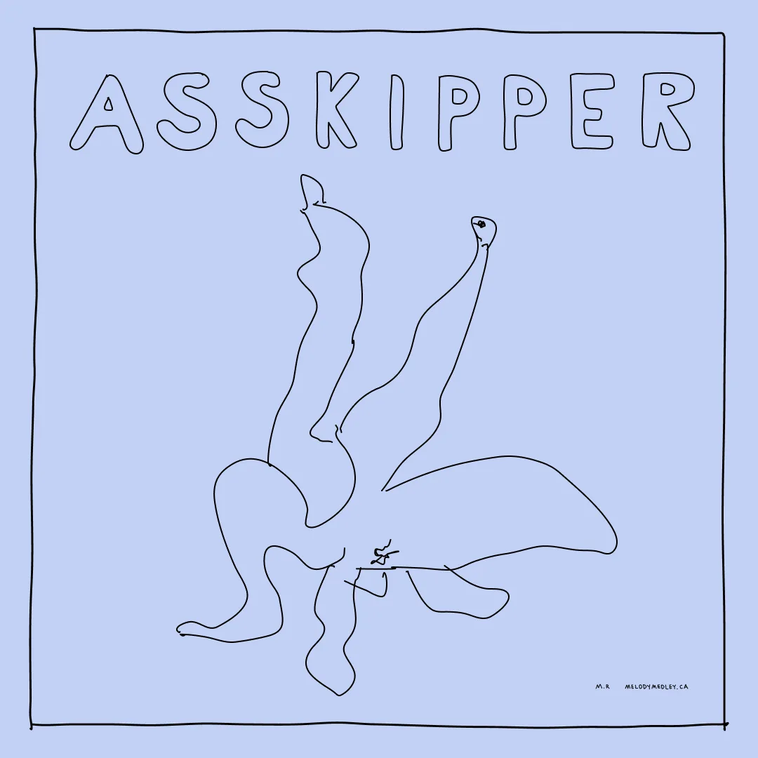 A minimalist line drawing on a light blue background shows a stylized, abstract figure with two long, wavy limbs extending…