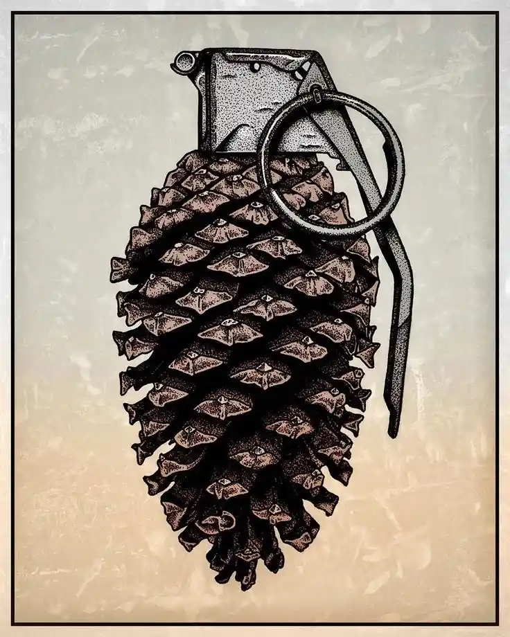 A stylized illustration shows a pinecone with the top half replaced by a hand grenade's metal body and pin assembly, set…
