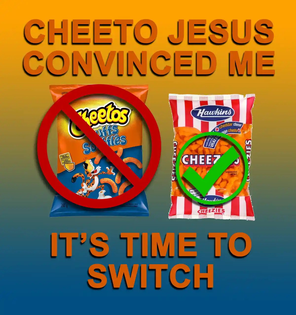 The image displays two snack bags against a gradient background. On the left, a bag of Cheetos Puffs is overlaid with a red…