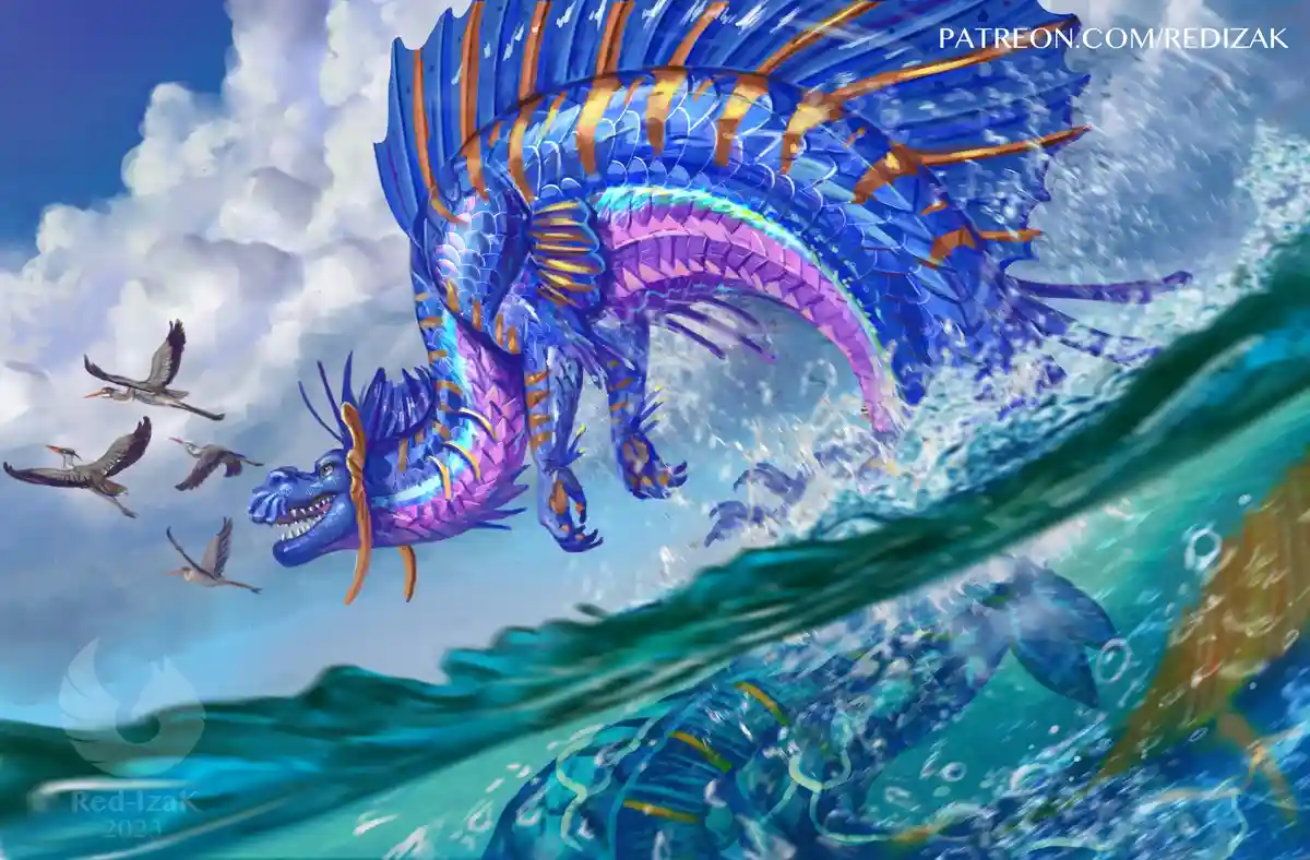 A vibrant digital artwork depicts a large, fantastical blue and purple dragon with orange accents leaping out of ocean…