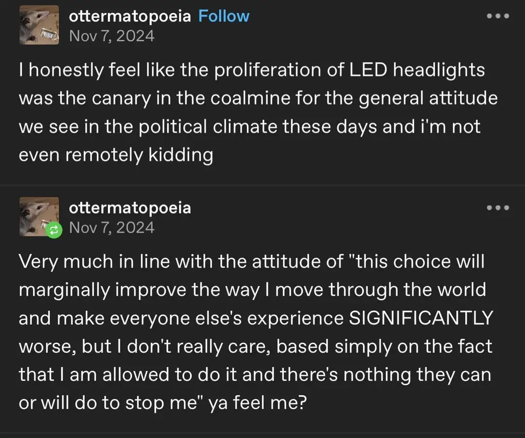 Two social media posts from the same user, ottermatopoeia, dated November 7, 2024, are shown. The first post states, 'I…