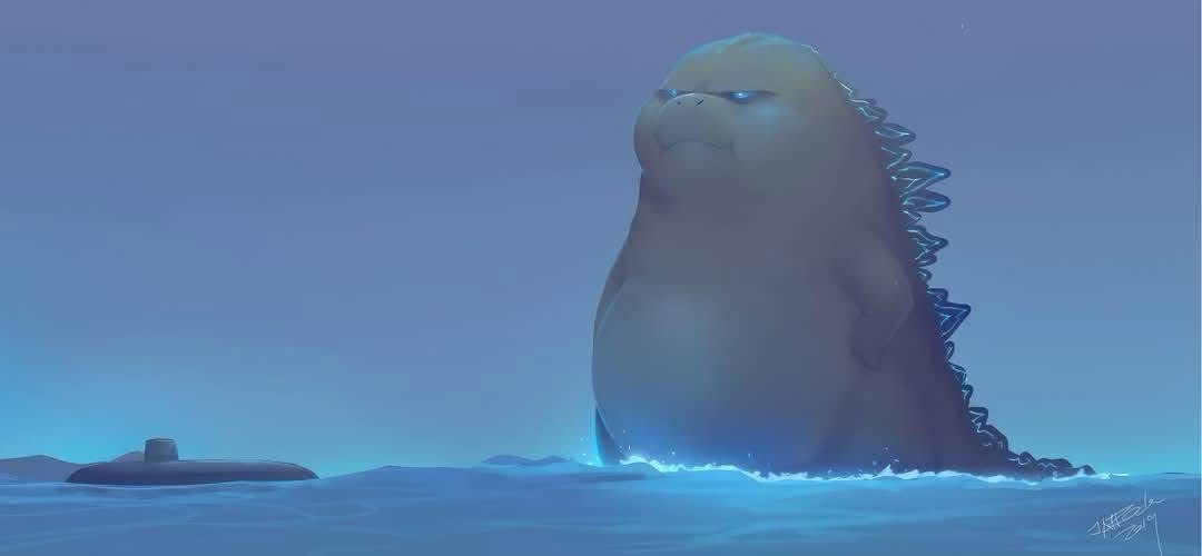 A large, cartoonish Godzilla emerges from blue water, looking grumpy with narrowed eyes and a frown. A small submarine is…