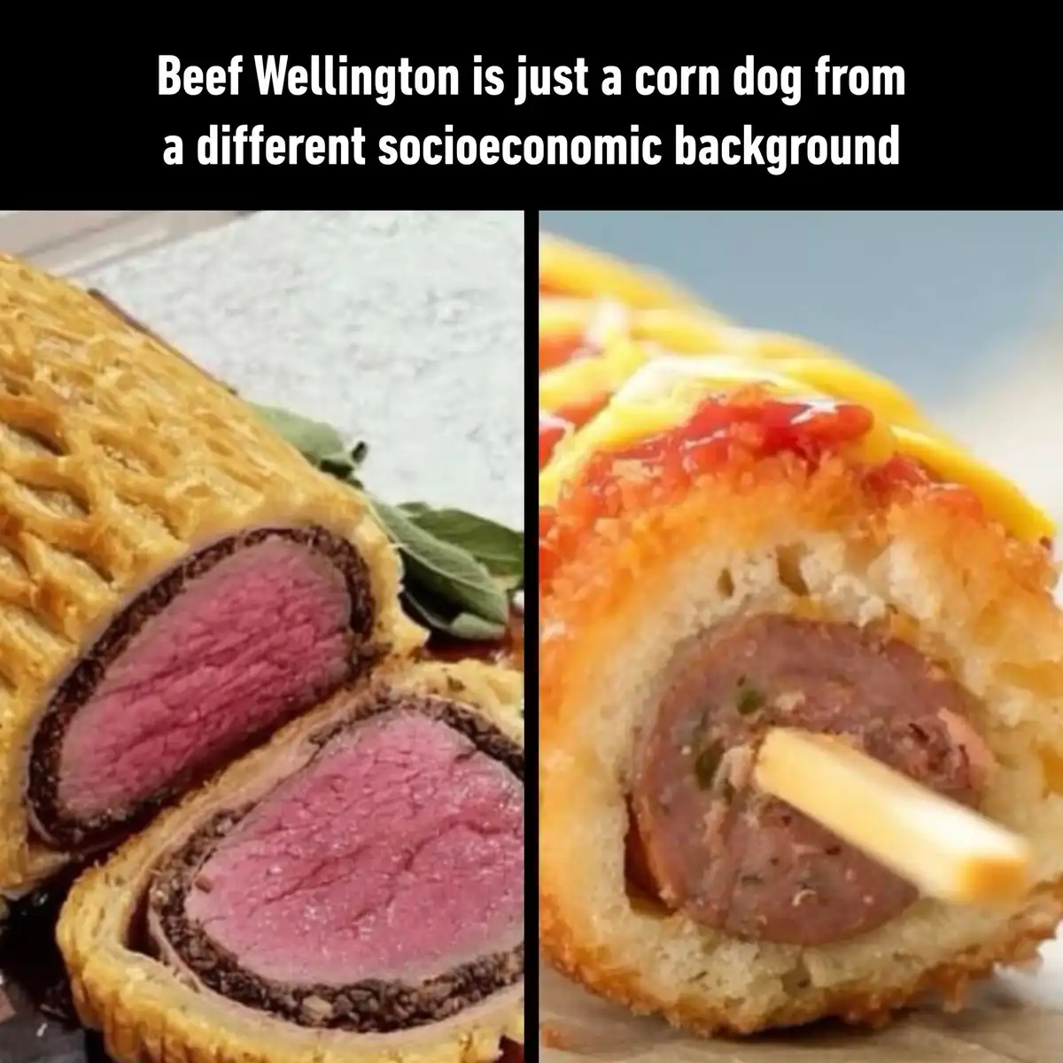 The image displays a side-by-side comparison of two food items: on the left, a sliced Beef Wellington showing pink beef…