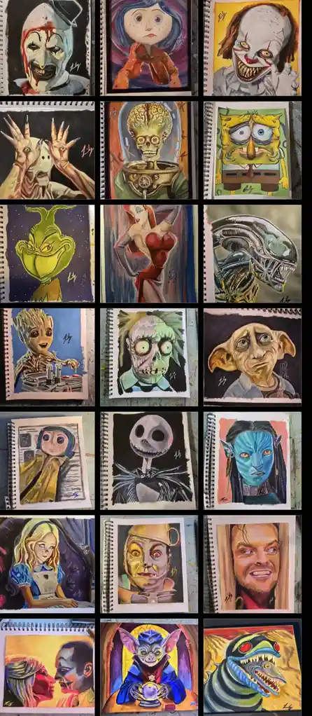 A grid of 16 colorful, hand-drawn illustrations of popular fictional characters, each depicted with exaggerated horror or…