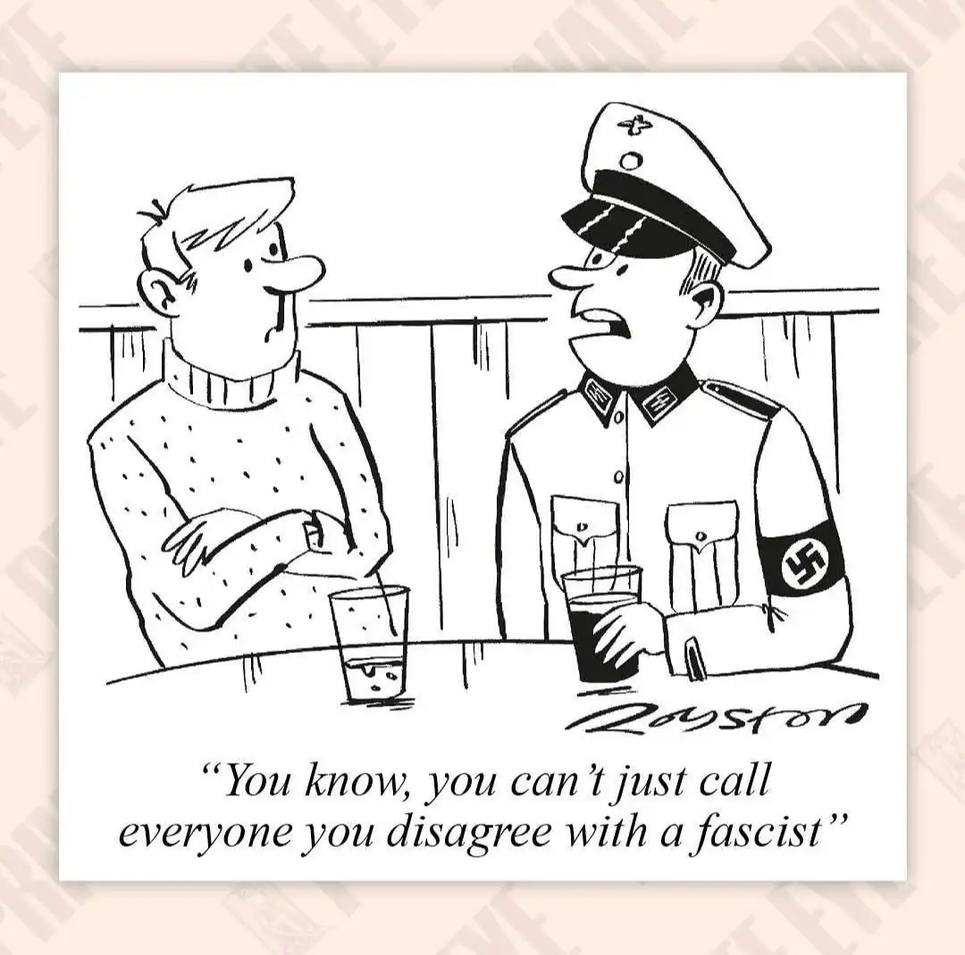A black-and-white cartoon depicts two men sitting at a bar. The man on the left, wearing a sweater, looks amused while…
