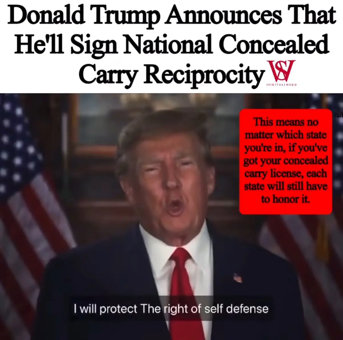 The image shows Donald Trump speaking with his mouth open, wearing a dark suit and red tie, with American flags visible in…