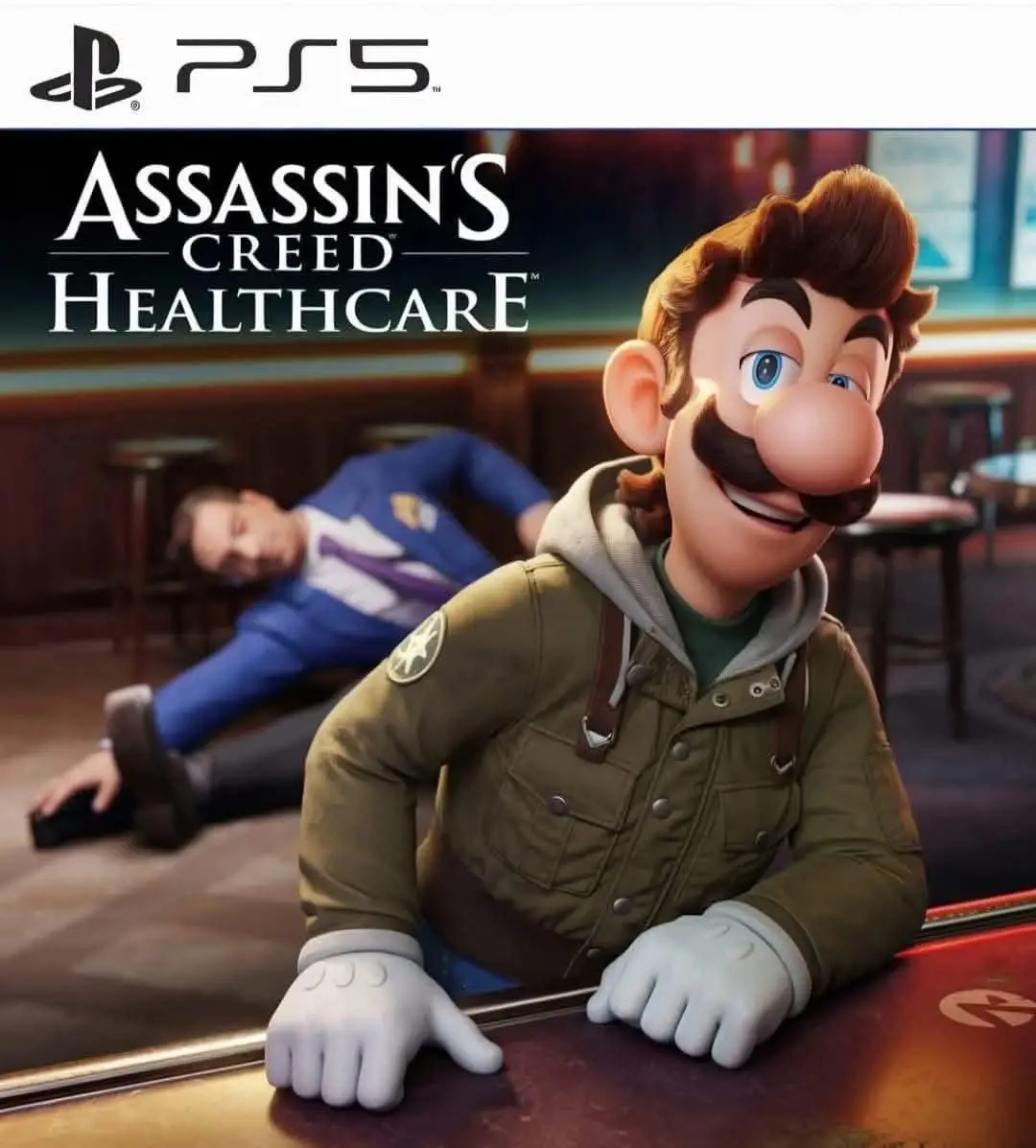 The image is a meme featuring Mario from the Super Mario franchise, depicted in a bar setting wearing a green jacket and…