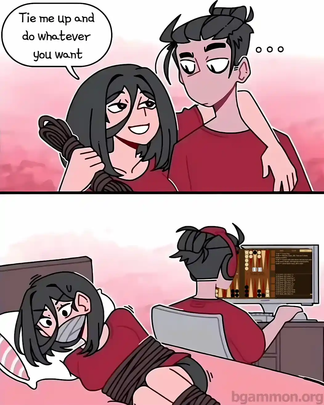 Two cartoon characters in a two-panel comic. In the top panel, a woman with dark hair and a red shirt holds a rope and says…