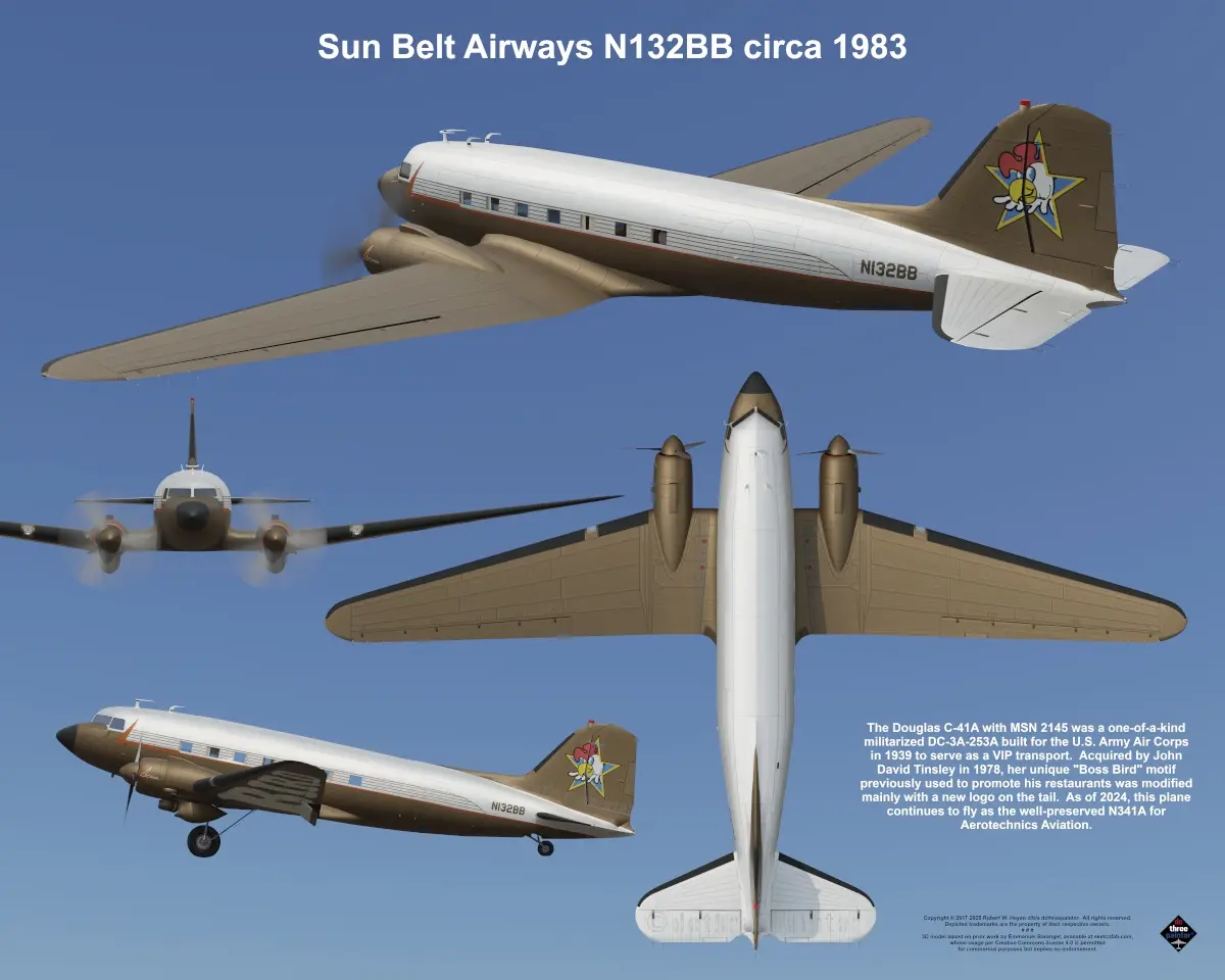 A technical illustration of a Douglas C-41A aircraft, registration N132BB, shown from four angles against a blue sky. The…