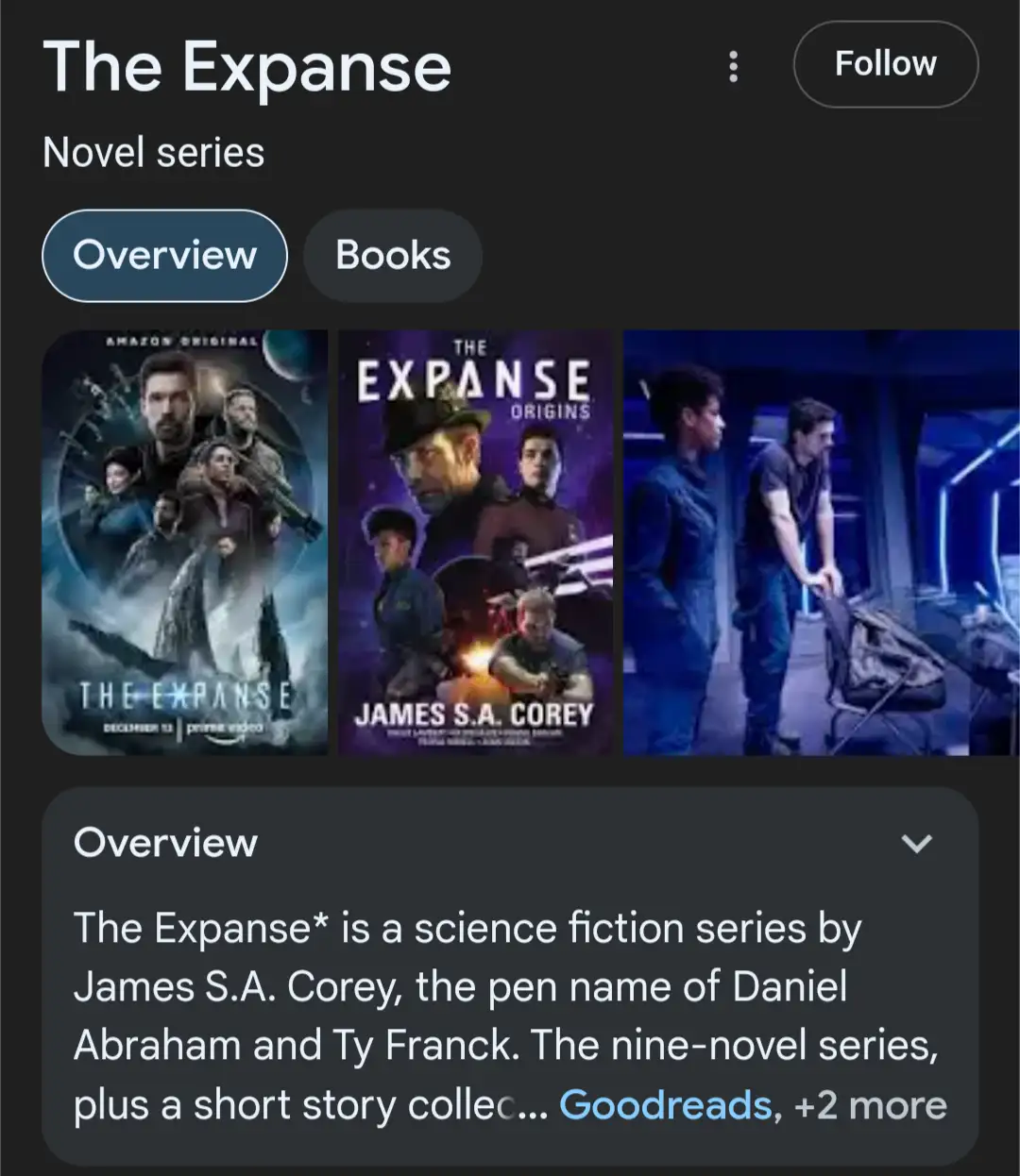 A screenshot of a Goodreads page for 'The Expanse' novel series, showing its title, 'Novel series' category, and three…
