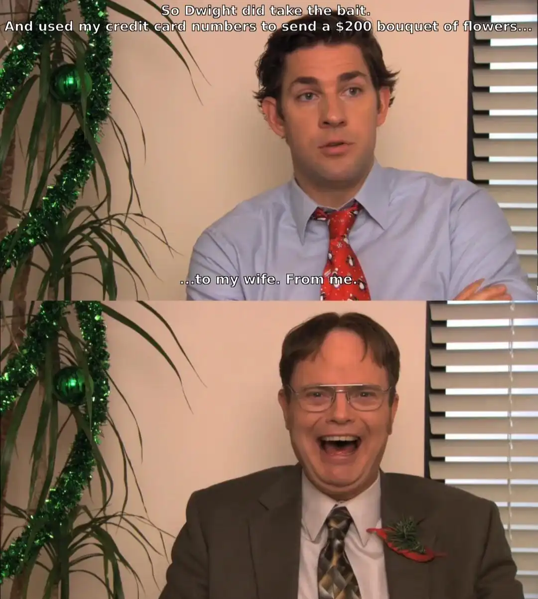 The image is a two-panel meme from 'The Office'. The top panel shows Jim Halpert looking slightly surprised while speaking…