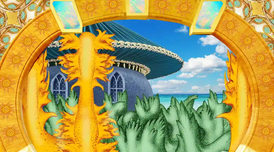 A surreal, ornate golden archway with sun motifs frames a view of a blue-domed building with gothic windows, green foliage…