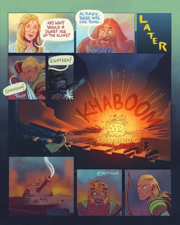 A comic strip depicts a dwarf asking elves for a favor, which escalates to a massive explosion labeled 'KHA-BOOM' after the…