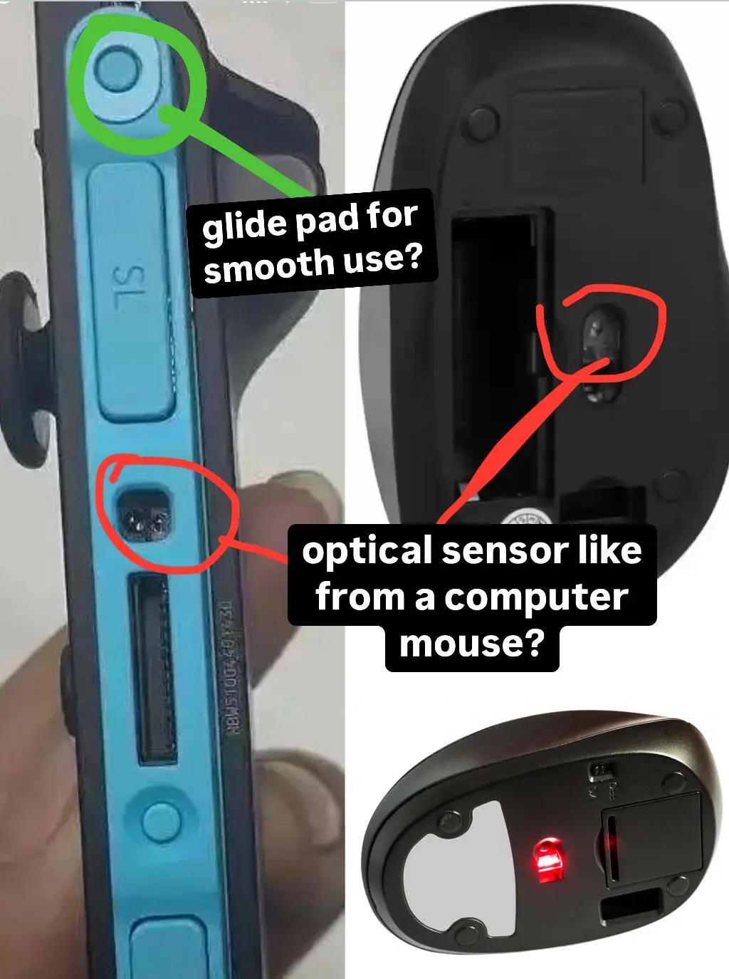 The image shows a split-screen comparison: on the left, a blue handheld device with a circular button circled in green and a…