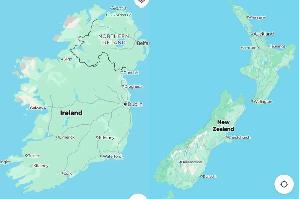 A side-by-side map view shows Ireland on the left and New Zealand on the right, both labeled with major cities. The overlaid…