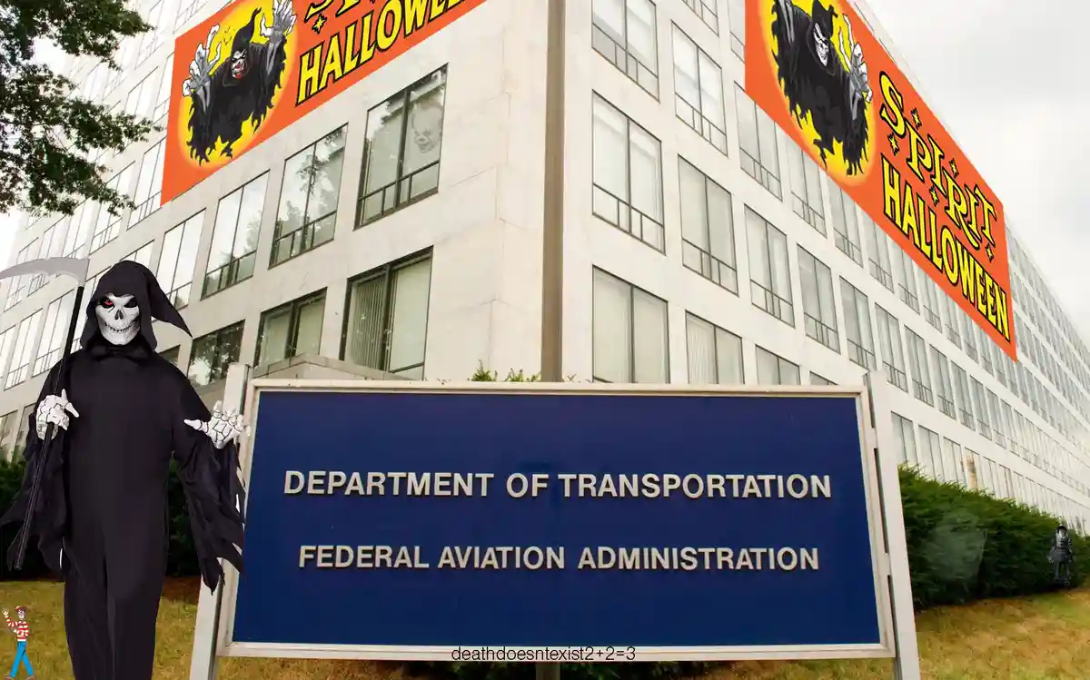 A person dressed as the Grim Reaper stands in front of a sign for the Department of Transportation Federal Aviation…