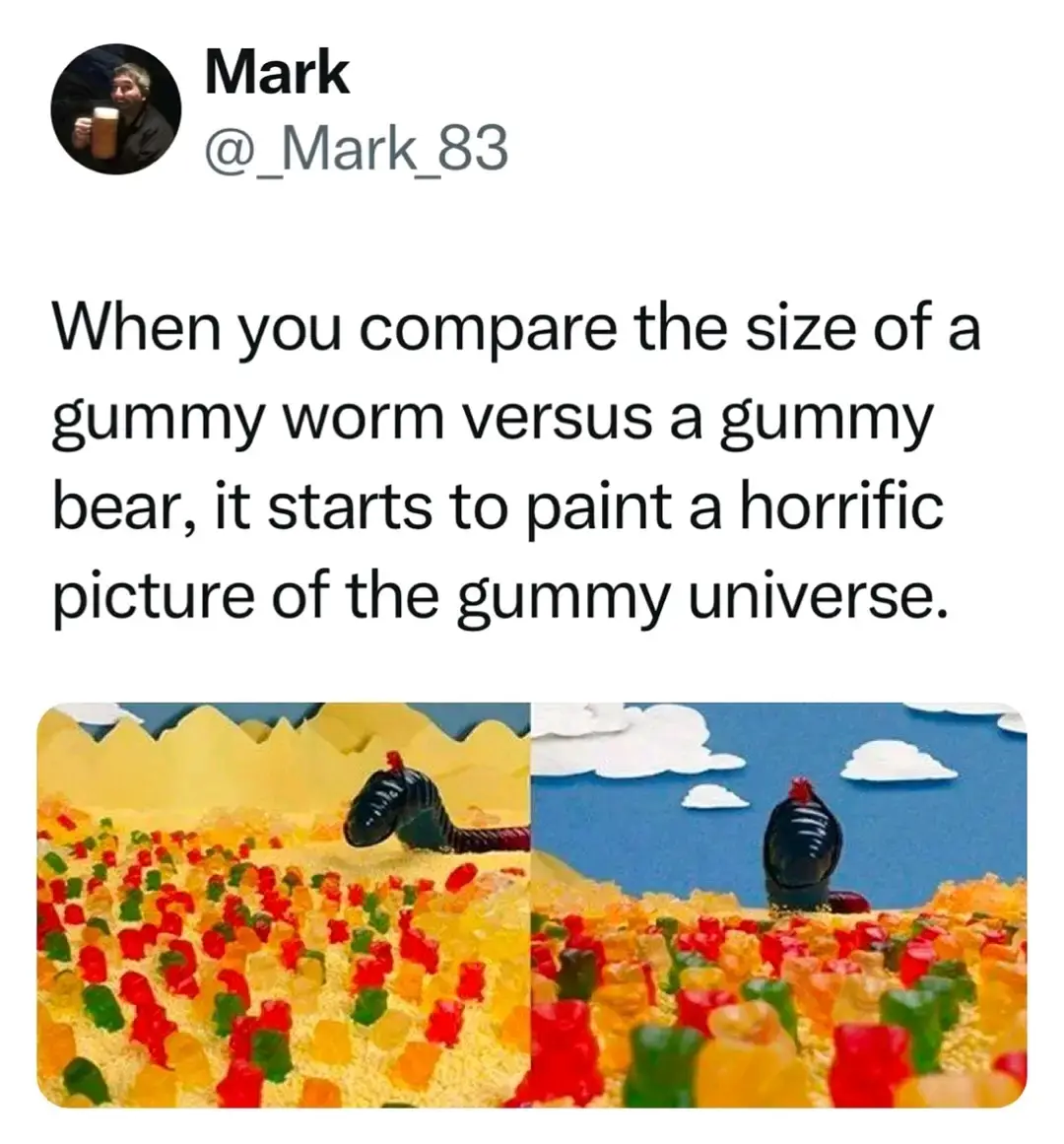 The image displays a split-screen comparison: on the left, a large black gummy worm looms over a field of tiny gummy bears…