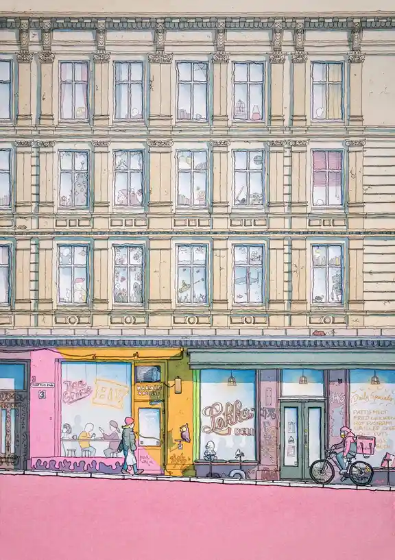 A colorful watercolor illustration of a European-style street with shops and apartments. The ground floor features a pink…