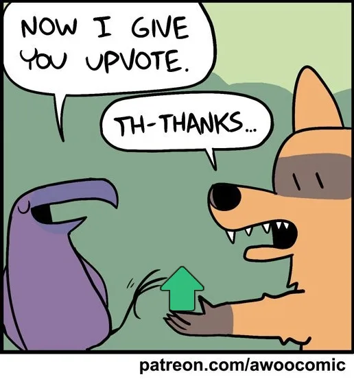 A cartoon purple bird hands a green upward-pointing arrow to a cartoon dog wearing sunglasses. The bird says 'NOW I GIVE YOU…