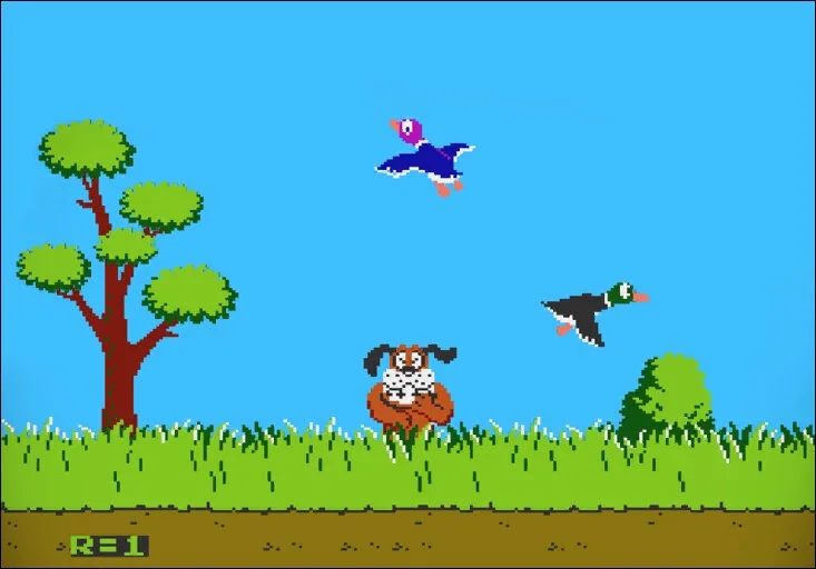 A pixelated scene from a retro video game shows a brown dog with floppy ears standing in green grass, holding a white…
